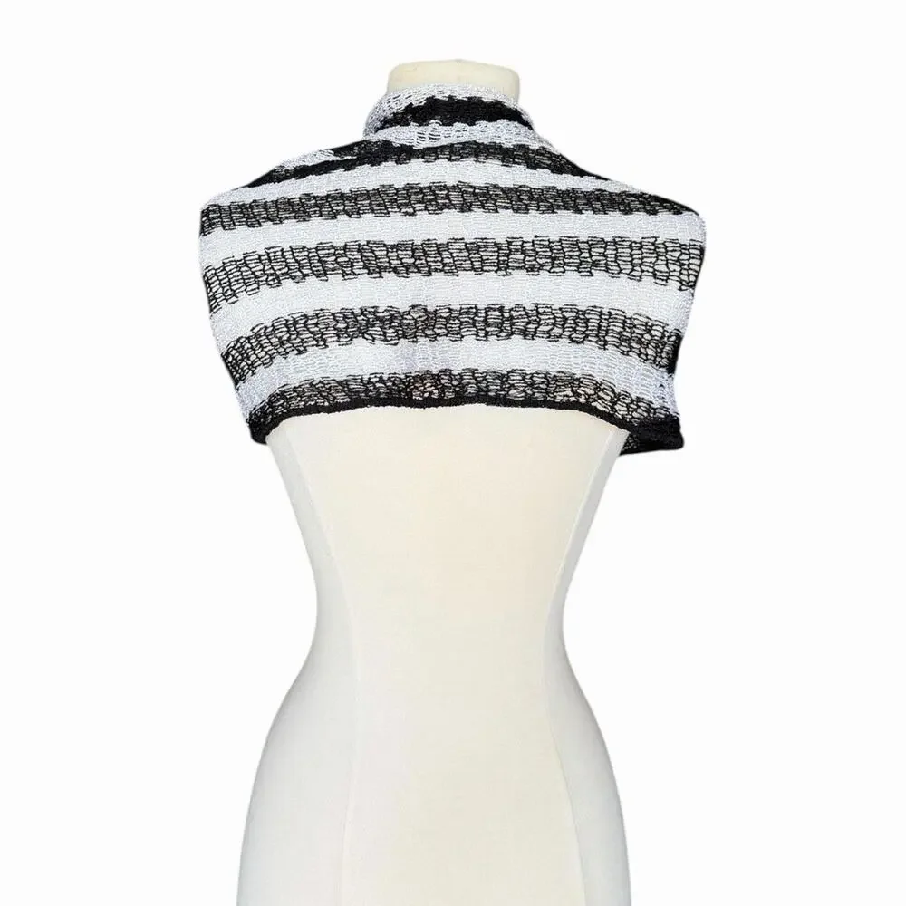 Vintage Handmade Black & White Striped Knit Fishnet Scarf Shawl Wrap Ruffle Edge
